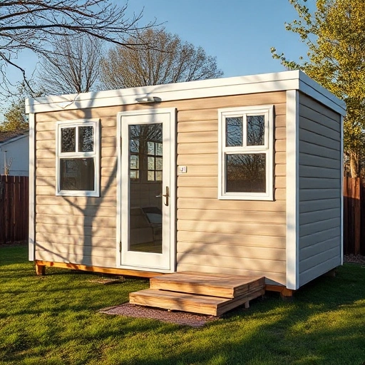 A modern, clean temporary housing unit (бытовка) in a sunny suburban setting, showing its exterior with windows, door, and practical design, surrounded by green grass and a few trees, conveying comfort and convenience of rental accommodation