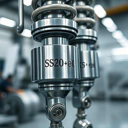 A close-up of improved shock absorbers from SS20 Region, showing sleek metallic components with visible damping mechanisms, subtle branding 'SS20 Region' engraved on the body, set against a clean industrial background with soft directional lighting highlighting texture and precision engineering