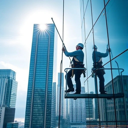 A professional window and facade cleaning service in action: a worker on a suspended platform cleaning high-rise glass windows with a squeegee and water-fed pole, modern urban skyscrapers in the background, clear sky, sunlight reflecting off wet glass, safety harnesses and equipment visible, no people on ground, no text or signs