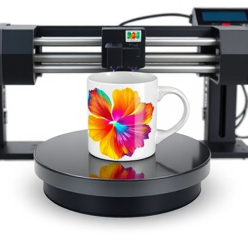 A high-quality, detailed illustration of a ceramic mug being printed with a vibrant design using a sublimation printer, showing the mug on a rotating platform, ink transferring onto the surface, soft studio lighting, clean white background, focus on the printing process and texture of the mug