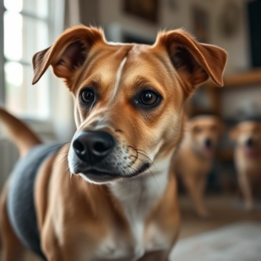 A close-up of a female dog in heat showing subtle behavioral changes: slightly restless posture, tail held to the side, focused gaze, indoor home setting with soft natural light, no other animals or people present, realistic fur texture, calm but attentive expression