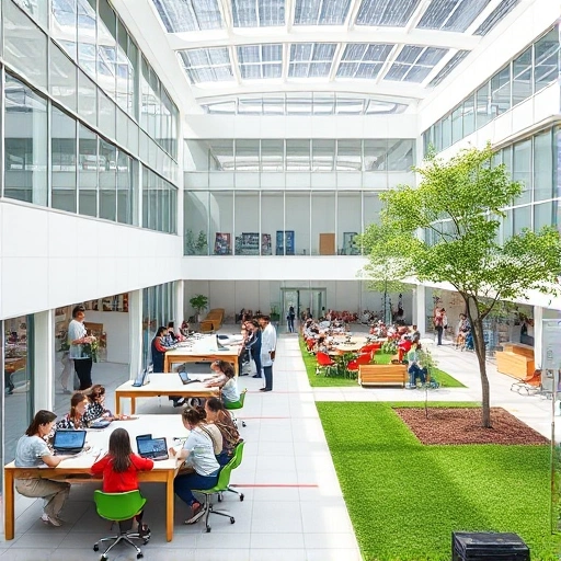 A modern school building with contemporary architecture, large glass windows, bright classrooms with digital boards, students using tablets and laptops, collaborative learning spaces, green outdoor areas with benches and trees, solar panels on the roof, clean and minimalist design, natural lighting, diverse group of students and teachers interacting, no uniforms, futuristic yet welcoming atmosphere