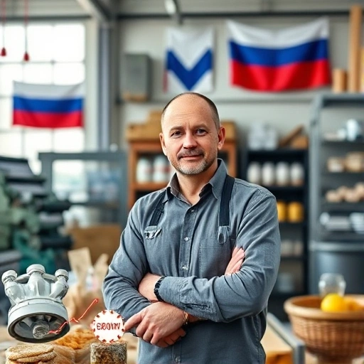 A small Russian business owner in a modern workshop or store, surrounded by domestically produced goods such as machinery, food products, or textiles, symbolizing import substitution; subtle background elements include a Russian flag and a chart showing growth, all in a clean, professional, realistic style