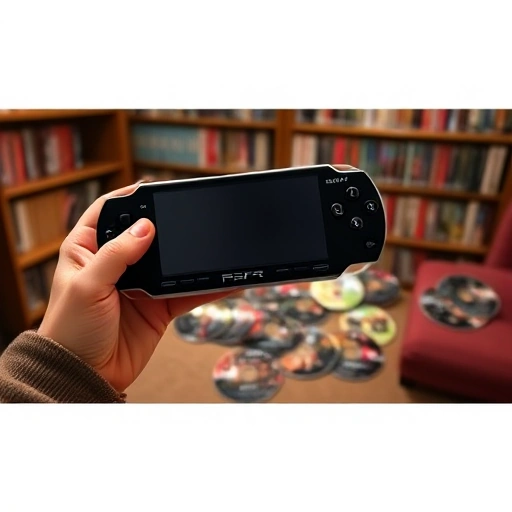 A person holding a PSP console, surrounded by various PSP game discs and digital download icons, set in a cozy indoor environment with soft lighting, shelves of games in the background, no text or letters visible
