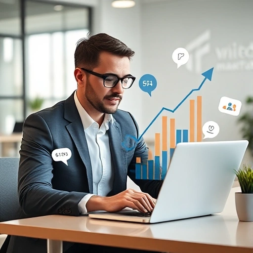 A professional businessperson analyzing marketplace performance metrics on a laptop, with upward-trending graphs and icons representing sales, ratings, and customer reviews floating around them, set in a modern office environment with soft natural lighting, minimalistic design, and a subtle marketplace logo in the background