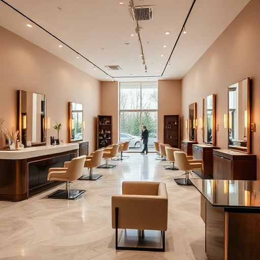 A modern beauty salon interior with elegant design, featuring a reception desk, comfortable waiting area with stylish chairs, mirrors with soft lighting, hair styling stations, and a manicure table, all in warm neutral tones with subtle gold accents, natural light from large windows, no people visible, clean and inviting atmosphere