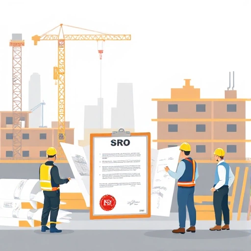 A professional illustration showing a construction site with workers, engineers reviewing blueprints, and a visible SRO certificate or seal on a clipboard, symbolizing regulatory compliance in Russian construction industry, modern flat vector style, clean lines, muted corporate colors, no text or numbers