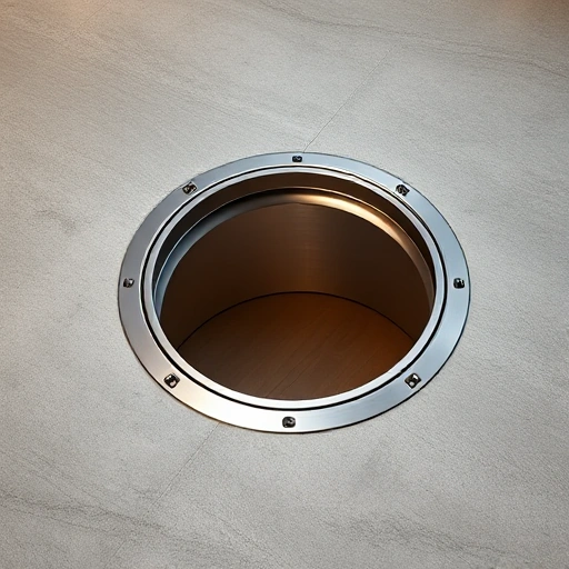 A hidden pressure hatch (нажимной люк-невидимка) seamlessly integrated into a modern floor surface, slightly recessed, with a subtle metallic edge visible only upon close inspection, surrounded by smooth concrete or wooden flooring, soft ambient lighting, no visible handles or seams, realistic architectural detail, high quality