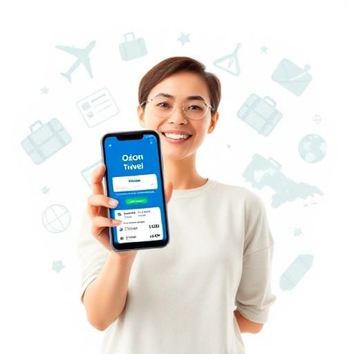 A cheerful person holding a smartphone displaying the Ozon Travel app with visible promo codes, surrounded by travel-themed icons like suitcases, airplanes, and maps, in a bright, clean, modern flat design style with soft lighting and minimalistic background