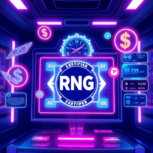 A modern digital illustration of a futuristic gaming interface with glowing neon elements, showing a slot machine or card game screen displaying a certified RNG badge, floating currency symbols (like USD, EUR, crypto icons) flowing out of the screen, subtle holographic UI panels with game statistics, all in a sleek cyberpunk aesthetic with deep blues and electric purples, no text or letters visible anywhere