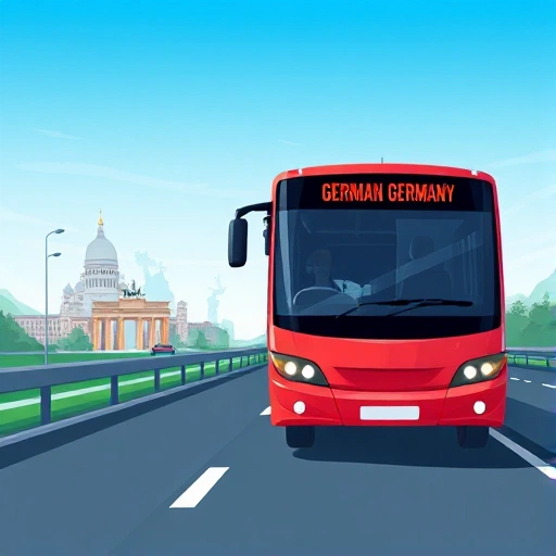 A modern, professional illustration of a comfortable passenger bus or train traveling on a highway toward Germany, with subtle German landmarks like the Brandenburg Gate or Cologne Cathedral faintly visible in the background under a clear blue sky, conveying reliability and safe international transport services, no text or logos