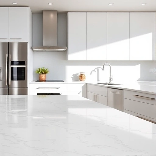 A modern kitchen countertop made of Samsung Radianz quartz agglomerate, showcasing its sleek, uniform surface with subtle natural veining in soft gray and white tones, under bright, clean lighting that highlights the material’s durability and elegant finish, with a minimalist background of white cabinets and stainless steel appliances to emphasize the product’s premium quality and hygienic properties