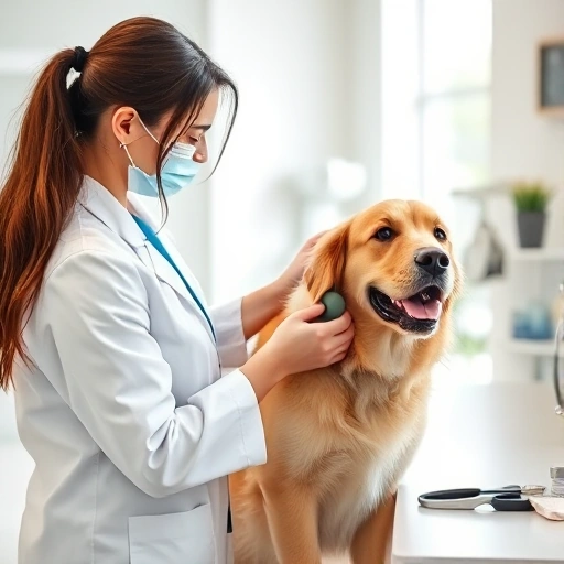 A professional pet care specialist gently grooming a golden retriever in a bright, clean veterinary clinic, wearing a white lab coat and holding a brush, with pet care tools neatly arranged on a nearby counter, soft natural lighting, warm and reassuring atmosphere